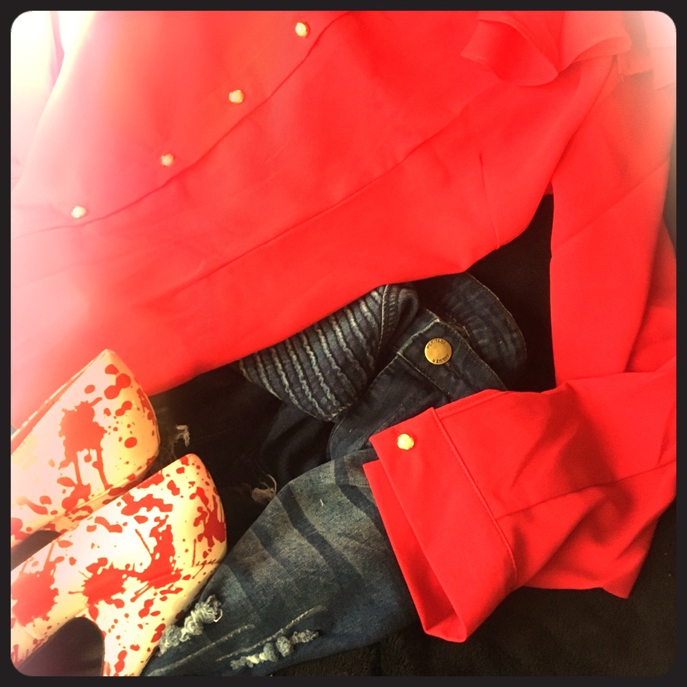 Red retro silky and frilly long sleeve blouse